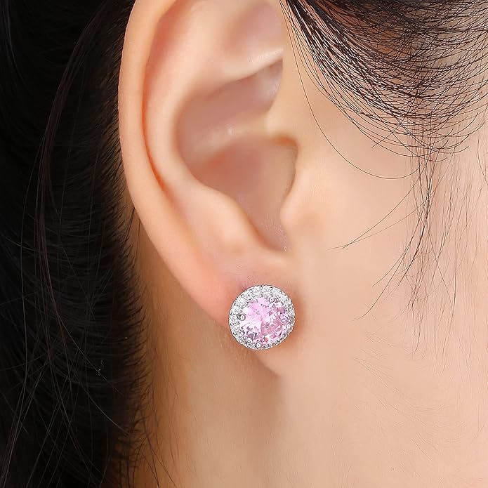YOMELA Cubic Zirconia Earrings Studs, Halo CZ Birthstone Simulated Diamond Stud Earrings for Women