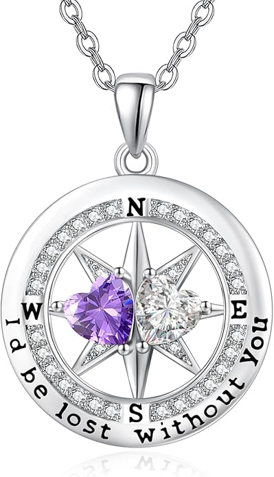 Compass Necklace for Women, Exquisite S925 Valentines Day Anniversary Birthday Gifts for Wife Her Double Birthstone Pendant Jewelry ‘I'd be Lost Without You’