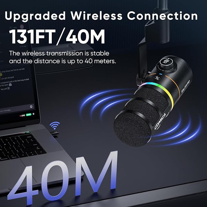 EJoy D10 PRO(A) USB Wireless Gaming Microphone – Boom Arm Mic with Wired/Wireless Modes, XLR/USB-C, Real-Time Monitoring, 45H Battery, RGB Dynamic Mic for Gaming, Streaming, Podcast, Recording (Black)