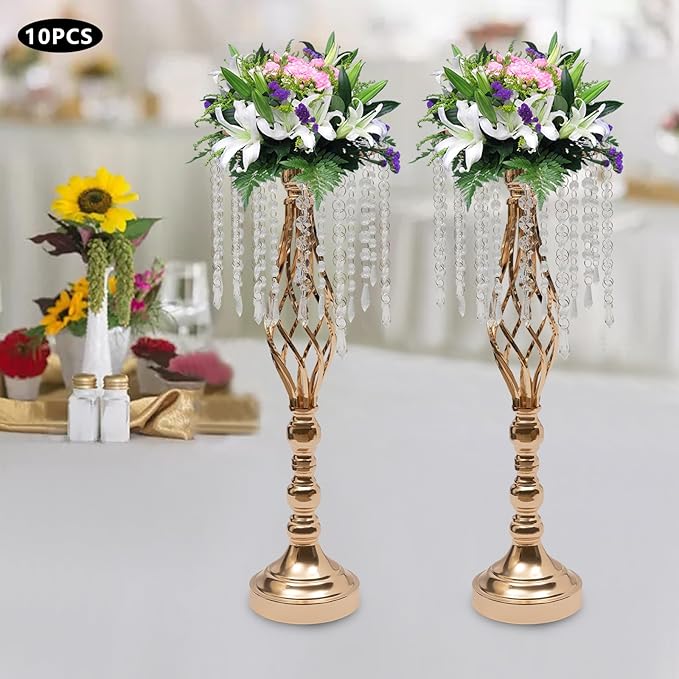 Wedding Centerpieces Gold Vases,10PCS Metal Flower Candle Holder with Sparkling Crystal Beads,Crystal Flower Vase Metal Flowers Stand for Party Tables Decorations (10PCS-Gold-14cm)