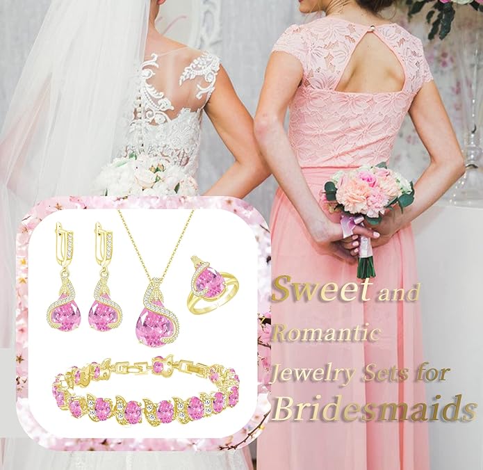 GZWHD Jewelry Set for Women Water Drop Cubic Zirconia Artificial Crystal Earrings Pendant Necklace Open Ring Tennis Bracelet Wedding Anniversary Birthday Engagement Gift for Bridesmaid Wife Girlfriend Friend