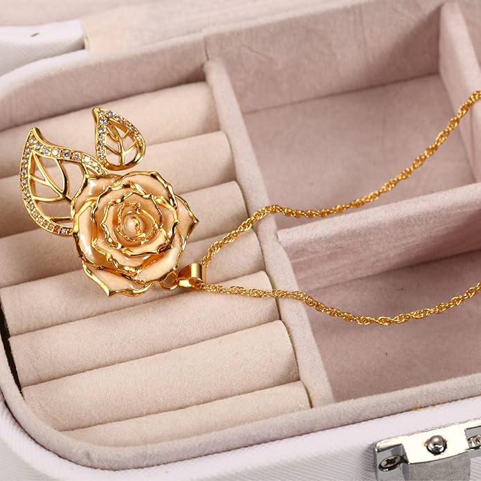 AliveRose Real Rose Gold Dipped Necklace Gifts for Women, 24K Gold Dipped Rose Pendant Necklace Jewelry Mothers Day Anniversaries Birthday Christmas Special Occasions Gifts for Her Mom Wife