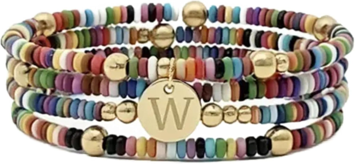 Set of 4 Colorful Bead Initial Bracelets, Personalized Stackable Jewelry, Adjustable Stretchy Charm Bracelets for Women, Beaded Bracelet Set, Trendy Custom Jewelry Gift
