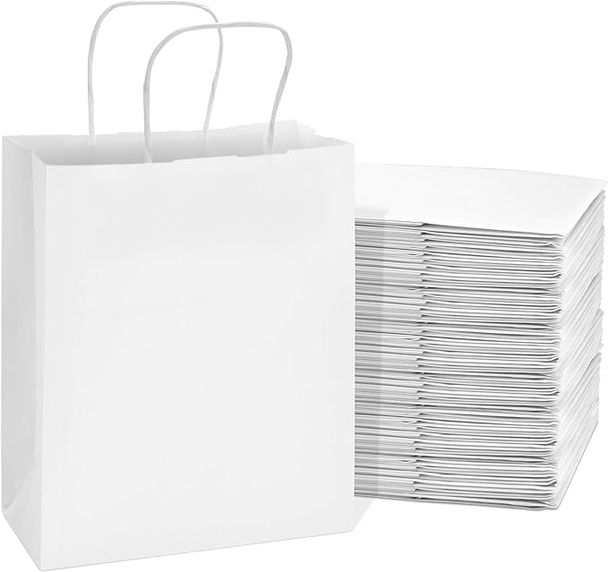 Prime Line Packaging White Paper Gift Bags, Kraft Gift Bags with Handles for Small Business, Boutique, Retail, Shopping, Birthdays, Favors, Bulk, 8x4x10, 400 Pack