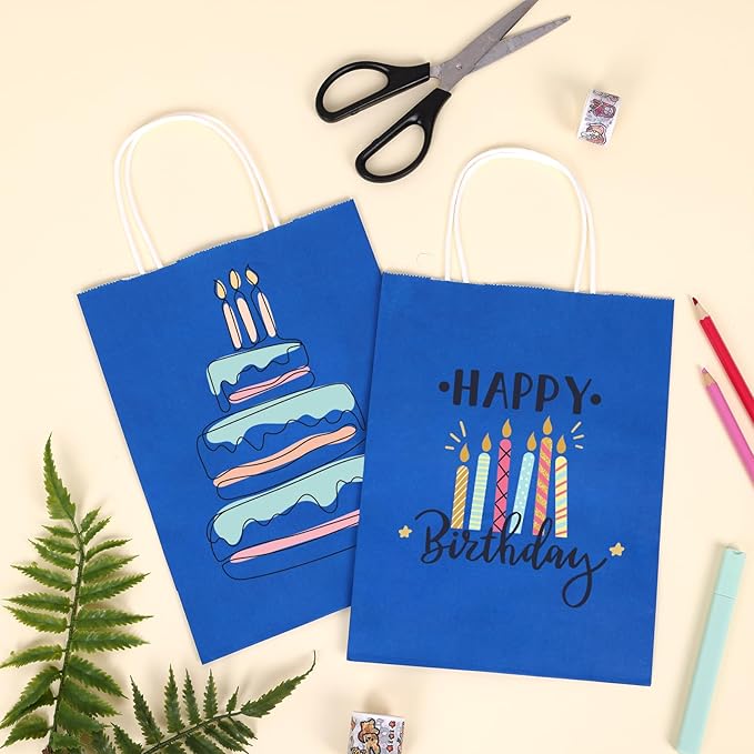 OUTUXED 120pcs Gift Bags, Blue Paper Bag with Handles 7.1x3.6x9.3in Medium Size Kraft Bags for Party, Businesses