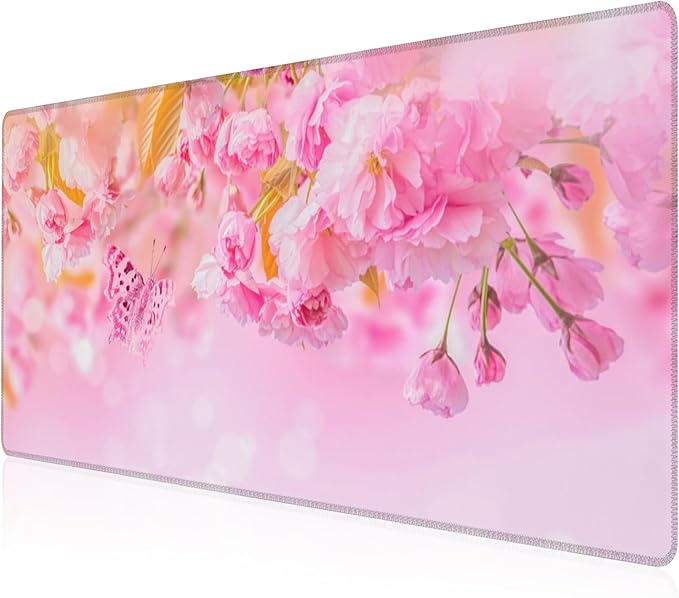 Mouse Pad, Large Pink Sakura and Butterfly Desk Mat, Extended Non-Slip Gaming Keyboard Mousepad Desk Pad, Thick Stitched Edges Waterproof Mouse Mat 31.5"x15.7" (Blossoming Cherry Flowers)