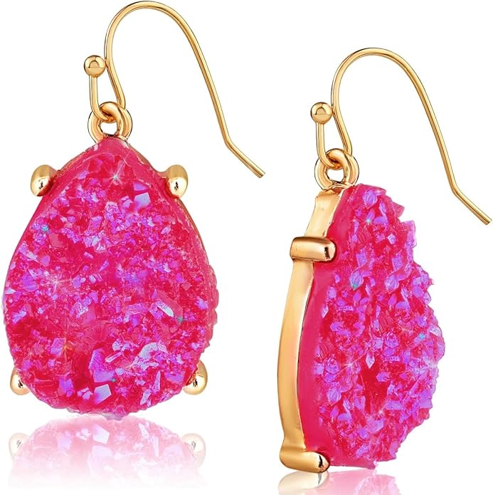Teardrop Dangle Earrings for Women with Simulated Druzy Stones in Gold or Silver Tone
