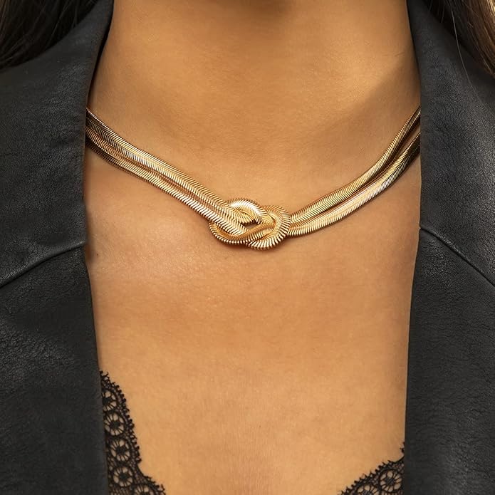 PLOUTOS Chunky Gold Knot Choker Necklace for Women Adjustable Double Snake Chain Design Bold Statement Fashion Jewelry Accessory For Party Daily Wear Gift