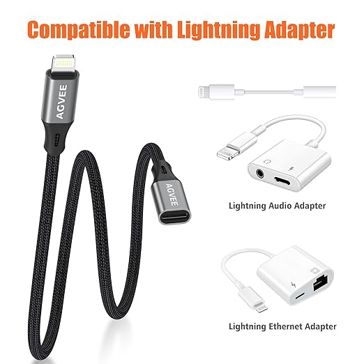 AGVEE 2 Pack 1ft Lightning Extension Cable, Braided Female to Male Extender Full Function Cord Compatible with iPhone iPad, Data Sync Video Audio & Charging Connector Adapter, Dark Gray