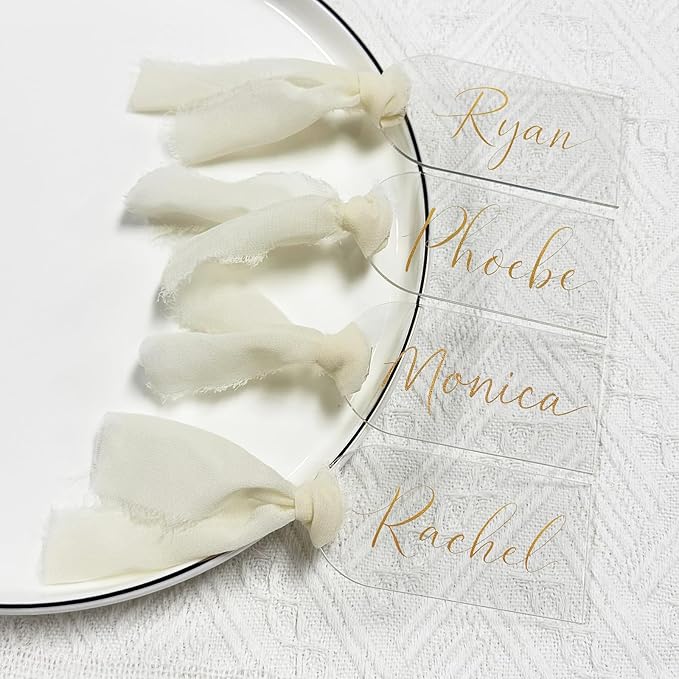 30Pcs Acrylic Place Card for Wedding Clear Transparent Acrylic DIY Table Seating Cards Wedding Supplies with White Ribbon