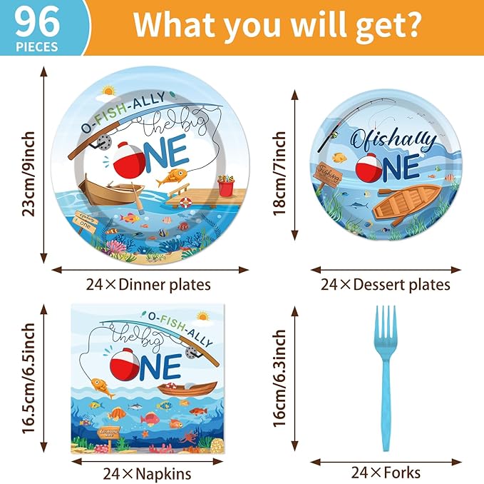 Ofishally One Birthday Party Decorations- 96PCS O Fishally One Plates and Napkins Party Supplies Fishing First Birthday Decorations 1st Fish Themed Disposable Paper Tableware Set Serves 24 Guests