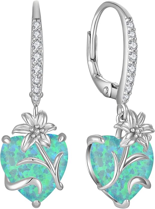 YL Heart Dangle Earrings for Women Sterling Silver Lily Flower Leverback Earrings Created Opal Flower Jewelry