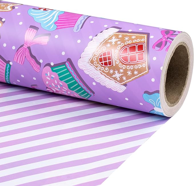 RUSPEPA Christmas Reversible Wrapping Paper Roll for Kids Girls, Mini Roll, Purple Gingerbread Cookies, Candy Canes and White Purple Stripes Ideal for Holiday Gifts, Christmas, 17 Inches x 16.4 Feet