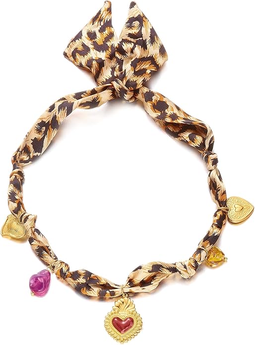 RINHOO FRIENDSHIP Silk Scarf Necklace for Women - Adjustable Boho Vintage Bandana Choker with 18K Non-Tarnish Gold Charms (Assorted Pendants & Patterns) Layered Jewelry Gift Box