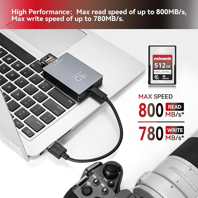 Pergear 512GB CFexpress Type A Memory Card, Up to 800MB/s Read Speed & 780MB/s Write Speed for 4K 120P, 8K 30P Recording,with Card Reader