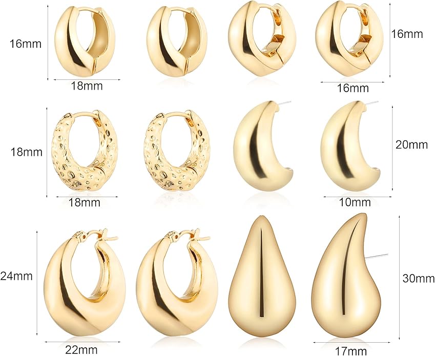 Wgoud 6 Pairs Gold Hoop Earrings Set for Women, 14K Gold Plated Hypoallergenic Lightweight Chunky Open Huggie Hoops Earrings Jewelry for Gifts.