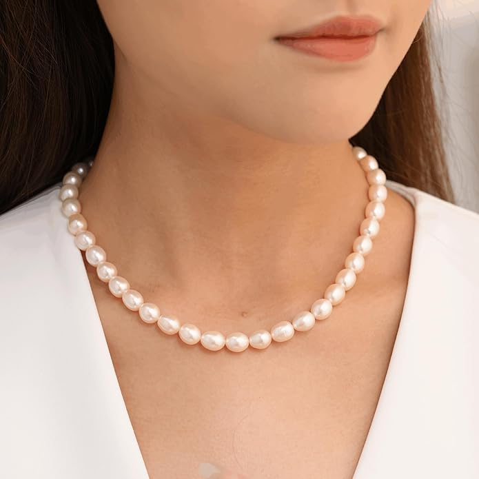 Pearl Necklace for Women, AAA+ Freshwater Cultured Pearl Strand,18 Inch with Sterling Silver Clasp, Elegant Pearls Classic Jewelry Gift for Mother's Day | Christmas | Wedding | Anniversary for Mother Wife Daughter