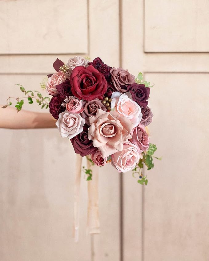 Roses Artificial Flowers Burgundy Fake Flower Bulk for DIY Wedding Bouquet Bridal Baby Shower Centerpiece Table Decorations Cake Decorating Silk Faux Floral Arrangements Party Home Decor Dusty