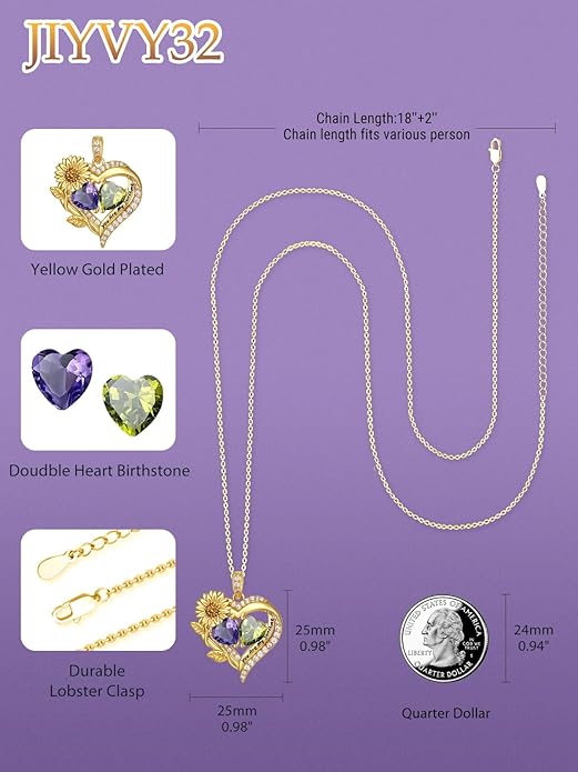 Sunflower Heart Necklace for Women 14K Gold Exquisite Valentines Day Anniversary Birthday Gifts for Wife Mother Her Double Birthstone Pendant Jewelry‘You Are My Sunshine’
