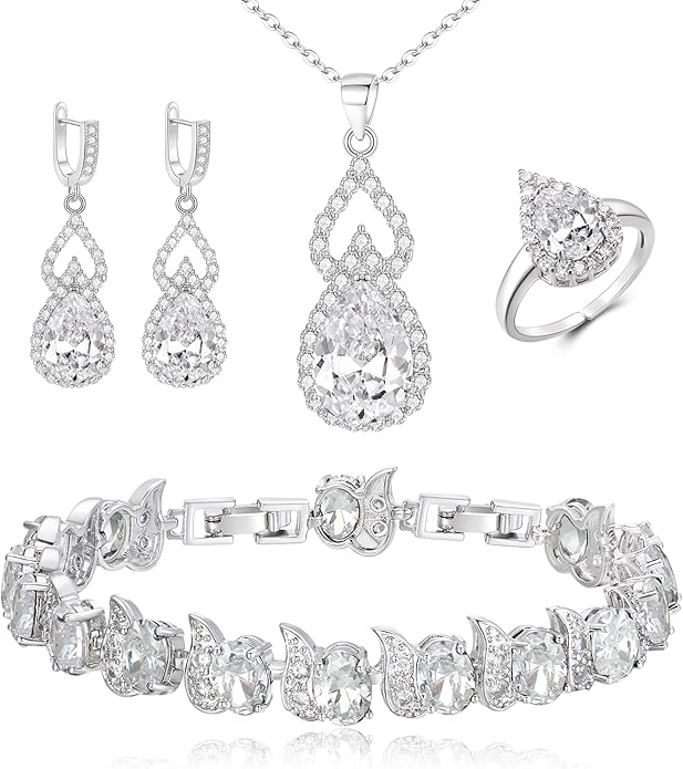 BriLove Wedding Jewelry Set for Women Bride Bridesmaid, Gorgeous Cubic Zirconia Teardrop Necklace Earrings Bracelet Adjustable Ring Jewelry Gift for Birthday/Anniversary/Mother’s Day