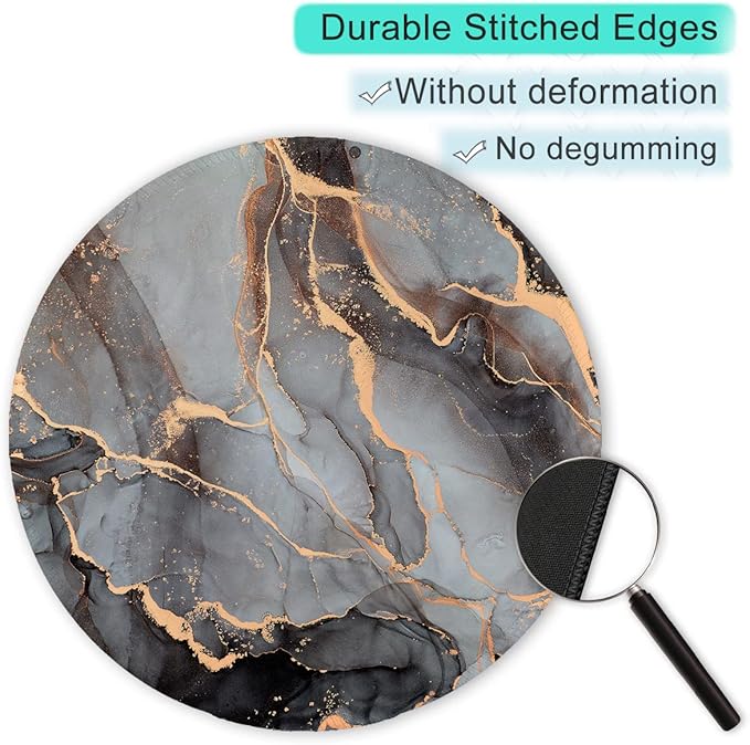 ITNRSIIET Round Mouse Pad with Stitched Edge Premium-Textured Waterproof Non-Slip Rubber Base Desktop Protection Mat Diameter 8.7 inches, Black Grey Marble