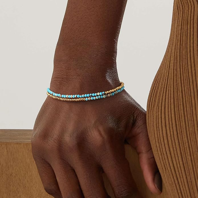 MYEARS Women Beaded Bracelet Gold Double Layer Gemstone 14K Simple Dainty Handmade Chain Everyday Boho Beach Jewelry