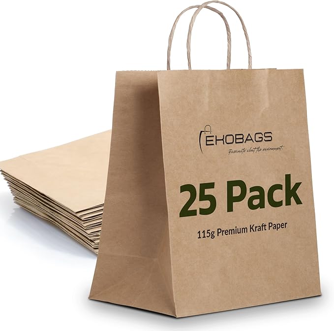 EKOBAGS Granvia | 10x7x12 inches | 25-Pack Kraft Paper Gift Bags with Handles | 115 GSM Brown Paper Bags for Small Business, Shopping & Party Favors | Recyclable | Holds up to 13.8L/8 lbs