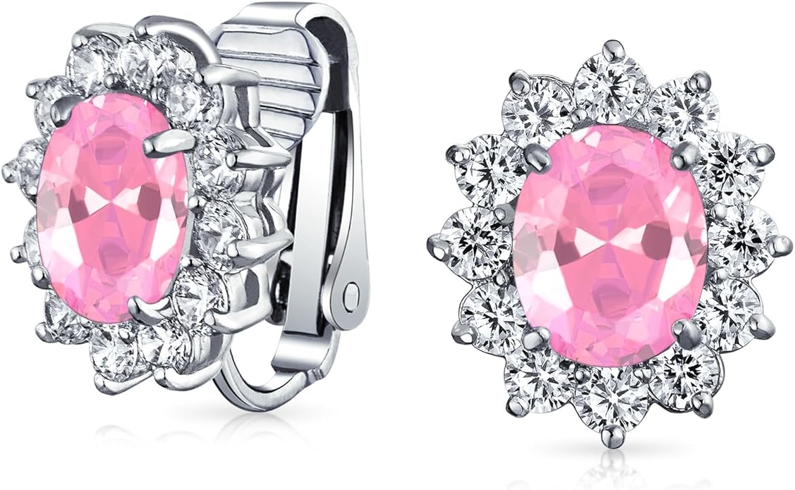 Traditional Classic Bridal Simulated Gemstones Cubic Zirconia AAA CZ Halo Crown Oval Stud Clip On Earrings For Women Wedding Non Pierced Ears Rose Gold Silver Plated