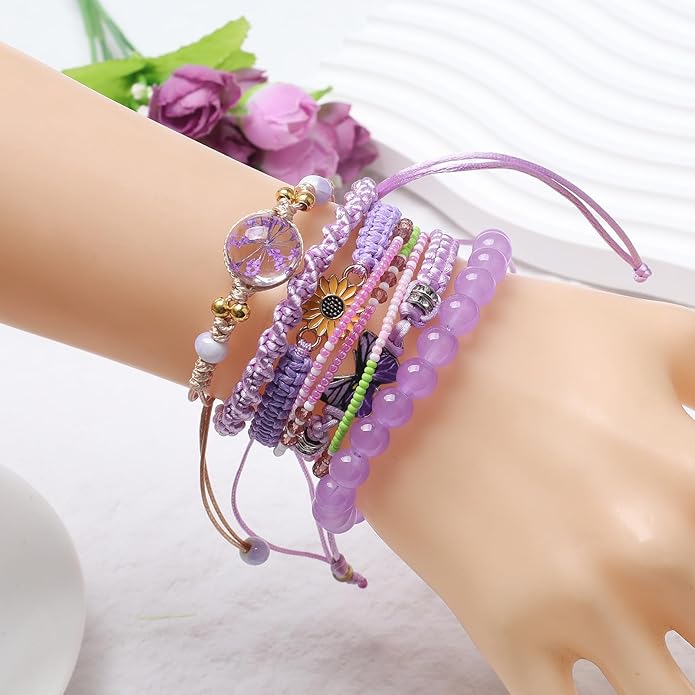 DS 6PCS String beads Charm Bracelets for Teen Girls Handmade Braided Rope Butterfly daisies Eternal flower Boho Surfer Bracelet for women Adjustable friendship Stretch birthday jewelry Gift Friends