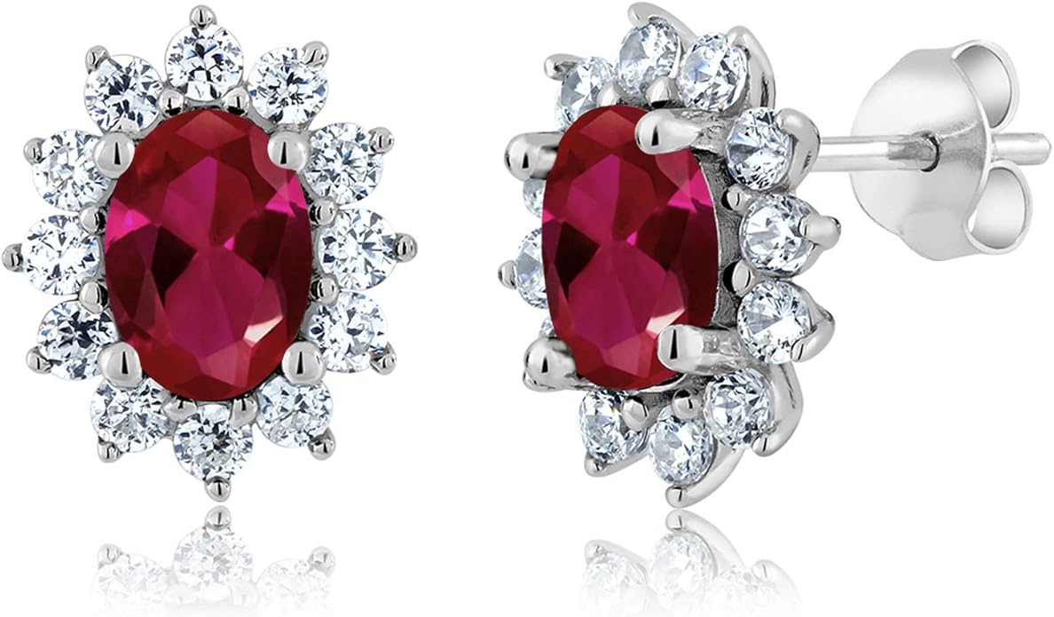 Gem Stone King 7X5MM Oval Gemstone Birthstone Stud Earrings For Women | Princess Diana Royal Halo Style | 925 Sterling Silver | Fine Jewelry Gifts for Anniversary Wedding Her Mom Women Wife