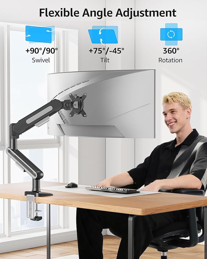 MOUNTUP Single Monitor Desk Mount for 4.4-26.5lbs, Heavy Duty Monitor Arm for 40 39 37 34 32 27inch, Full-Motion Monitors Stand, Height Adjustable Gas Spring Monitors Arm with C-Clamp＆Grommet Base