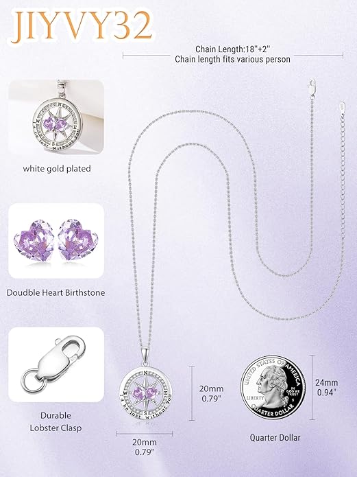 Compass Necklace for Women, Exquisite S925 Valentines Day Anniversary Birthday Gifts for Wife Her Double Birthstone Pendant Jewelry ‘I'd be Lost Without You’
