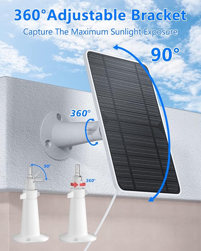 Solar Panel for Security Camera, 5W USB Solar Panel for DC 5V Security Camera, Micro USB & USB-C Port Solar Panel, IP65 Waterproof Solar Charger for Camera,360° Adjustable Mounting 13ft Cable, 1 Pack