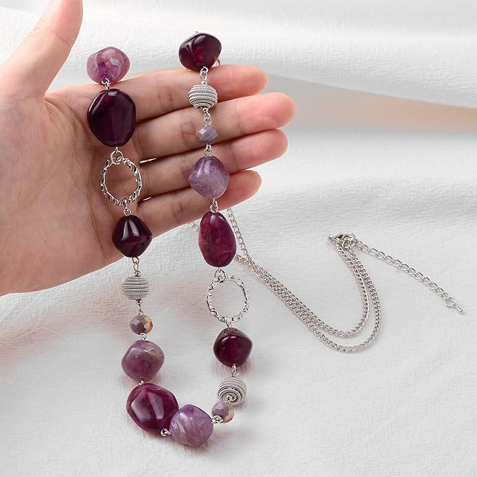 BULINLIN Beaded Long Necklace for Women Silver Sweater Chain Necklace with Crystal Resin Beads, Fashion Jewelry Necklace