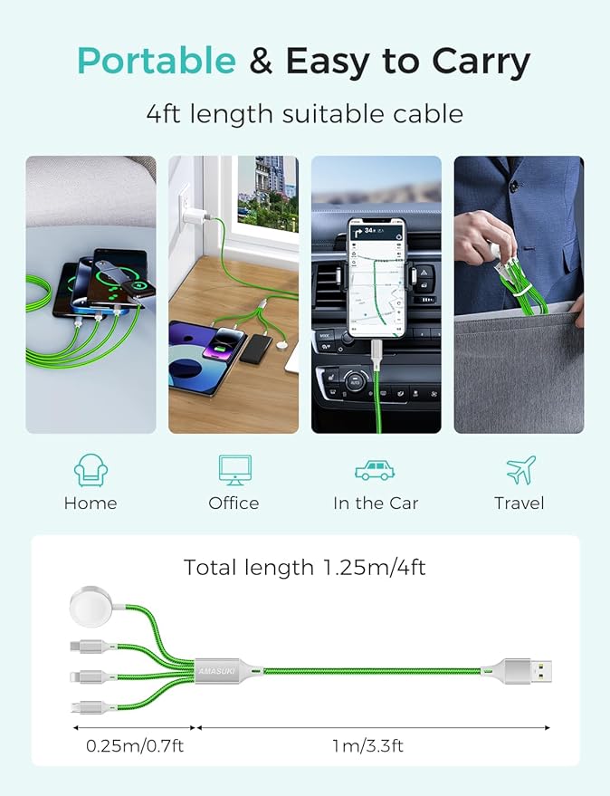 2Pack Travel Essentials Multi Charging Cable for Watch Charger 4 in 1 Fast Charger Camping Essentials USB C/L/Micro Compatible with Watch Series 10-1/SE/Ultra Phone 16 15/Galaxy Android-4FT/Green