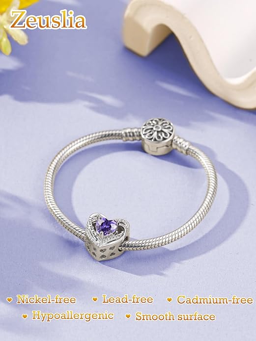 Heart Birthstone Charms for Bracelets, 925 Sterling Silver Women Bead Charms for Charm Bracelets Necklace, Mother's Day Birthday Anniversary Jewelry Gifts for Wife Mom Grandma Daughter