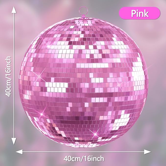 Mirror Disco Ball with Hanging Ring | 12"/16"/20" Mirror Disco Ball for DJ Club,Party,Wedding,Home Decor | Shiny,Easy Installation | with Hanging Ring | Golden, Pink 12Inch Pink