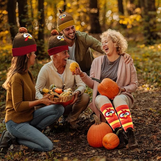 CAMIRUS 6PCS Thanksgiving Turkey Trot, 3Pcs Beanie Hat and 3Pcs Socks Thanksgiving Day Turkey Beanie Hat for Adults Men Women