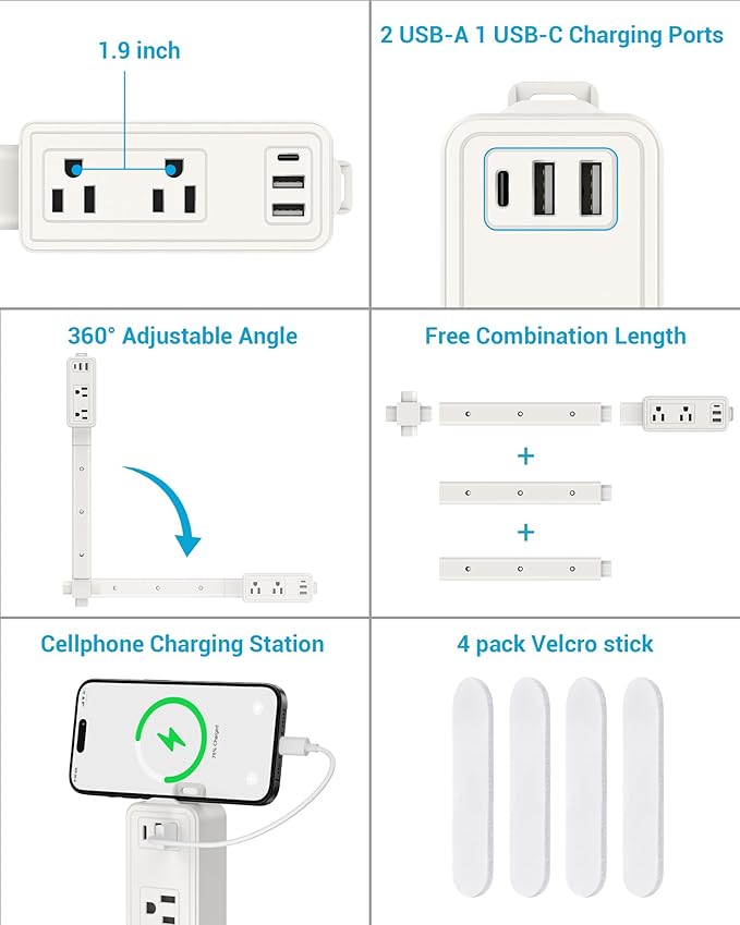 Outlet Extender Stick | Free Combination | USB-A, USB-C Port, 2 AC Outlets, Extend 9” to 36”, 360° Combine| Plug Extender | Put Behind Nightstands, Sofa, Bed, Cabinet etc.