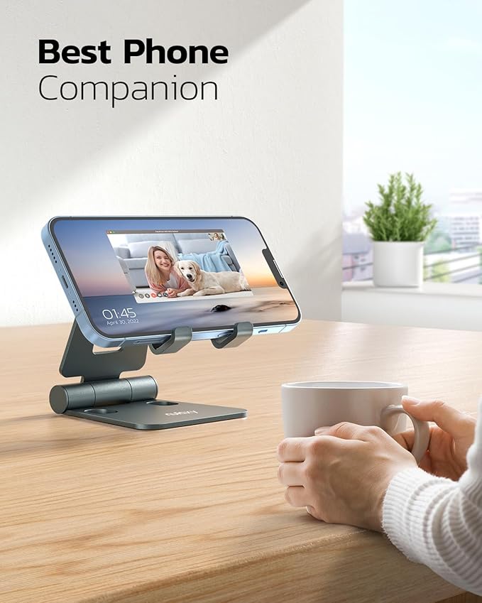 Nulaxy Dual Folding Cell Phone Stand, Fully Adjustable Foldable Desktop Phone Holder Cradle Dock Compatible with iPhone 17 16 15 14 13 12 11 Pro Max Xs Xr X 8, Nintendo Switch, All Phones - Gray