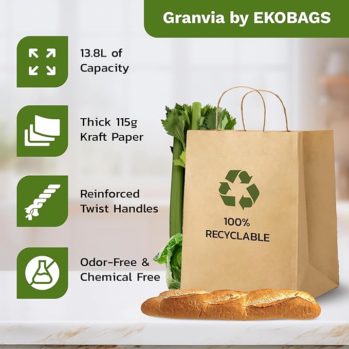 2.500 PACK | EKOBAGS Granvia |10x7x12 inches | Kraft Paper Gift Bags with Handles | 115 GSM Brown Paper Bags for Small Business, Shopping & Party Favors | Recyclable | Holds up to 13.8L/8 lbs