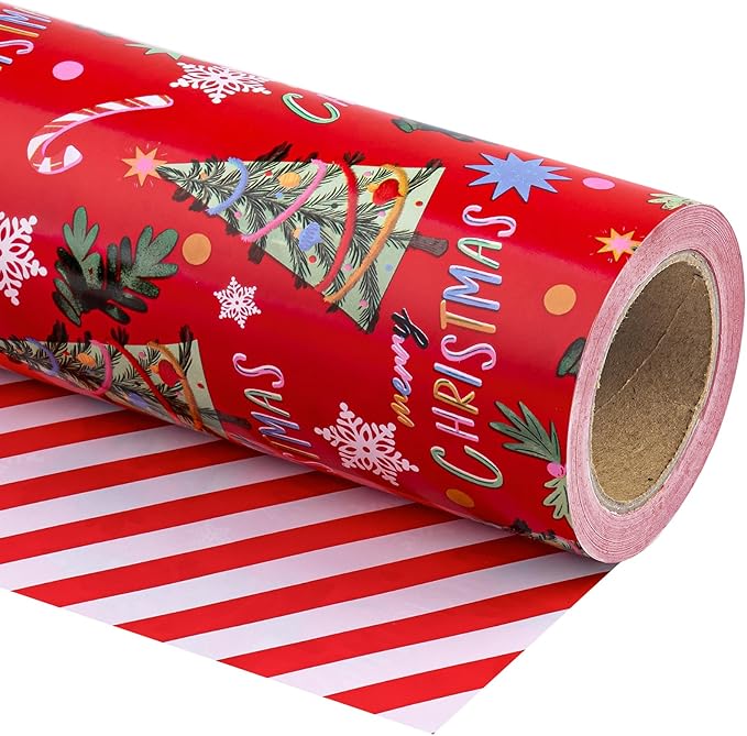 WRAPAHOLIC 30 Inch Jumbo Reversible Christmas Wrapping Paper - 30 Inch x 33 Feet - Red Christmas Tree Wrapping Paper and Stripe Design for Holiday, Party Celebration