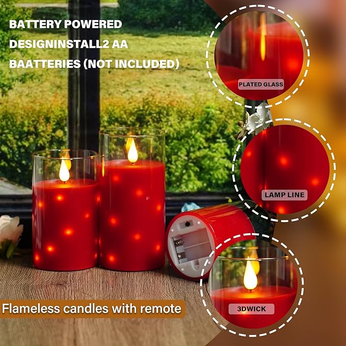 Real Wax Flameless Candles Glass,Battery Operated LED Candles with Flickering Flame,Glass Shell,Interior Star Light Decoration Set of 3 Red (D3×H 4" 5" 6") for Home Decor,Holiday Decoration