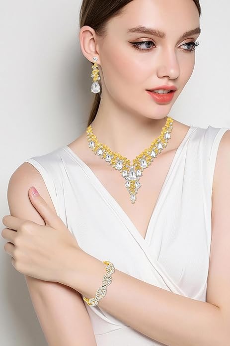 Wedding Bridal Bridesmaid Austrian Crystal Rhinestone Jewelry Sets Statement Choker Necklace Earrings Bracelets Sets for Wedding Party Prom