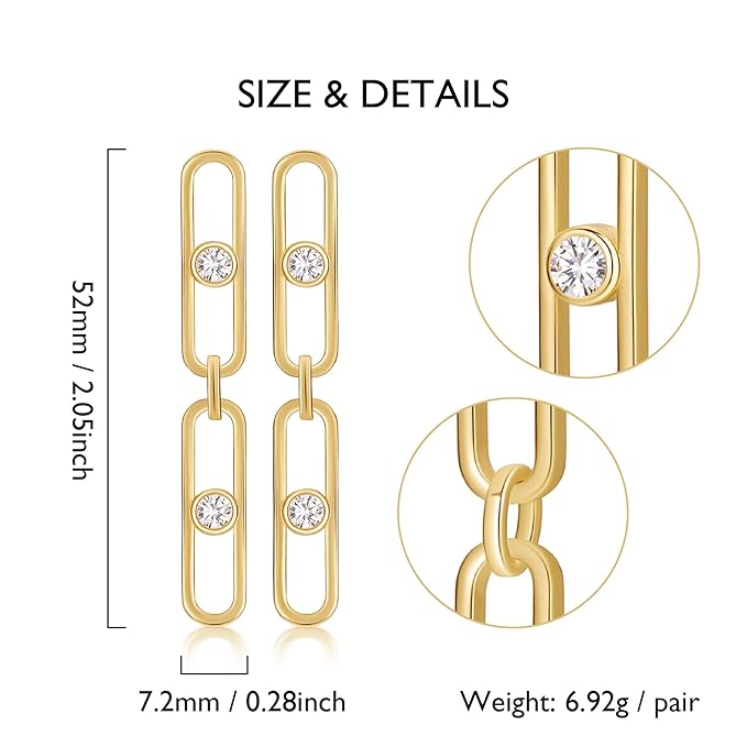 Gold Earrings for Women CZ Paperclip Drop Dangle Earrings, Sterling Silver Posts, Hypoallergenic Studs for Women Trendy Designer Jewelry