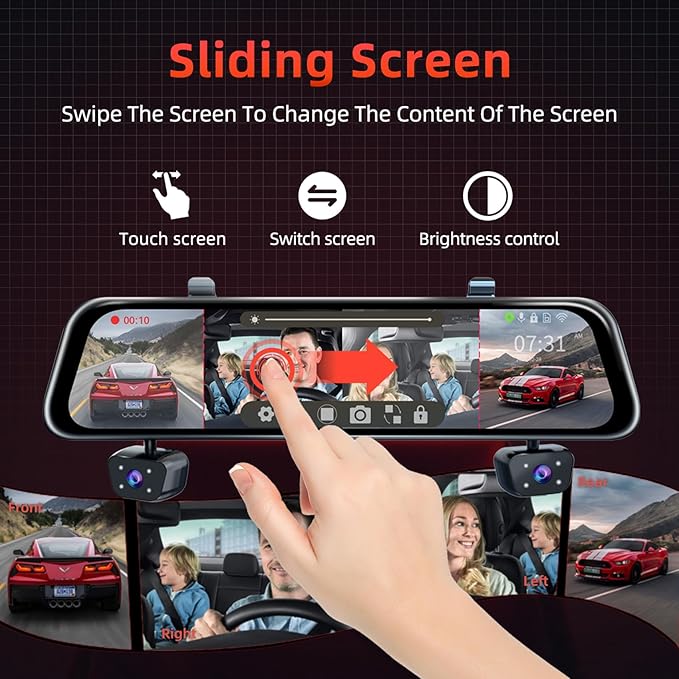 4 Channel Mirror Dash Cam, Dash Cam Front and Rear/Inside, 12’’ FHD 1080Px4 Rear View Mirror Camera, IR Night Vision for Left and Right Inside Car Camera, Built-in WiFi, GPS, Parking Monitor