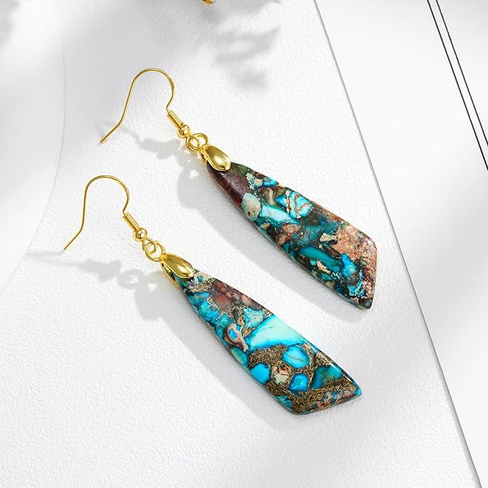Boho Women Natural Stone Earrings Unique Healing Imperial Jasper Gemstone Energy Hypoallergenic Lightweight Dangle Drop Earrings Multiple Styles Earrings Jewelry for Birthday Party Gift