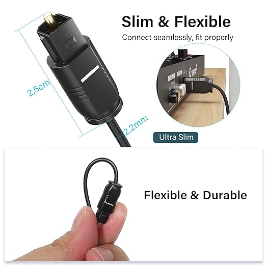Adoreen Ultra-Thin Slim Digital Optical Audio Cable 25FT, Fiber Optic SPDIF Toslink Cord Gold-Plated High-Speed Flexible & Durable for TV Soundbar Home Theater Game Console PS4 Xbox Samsung +Ties