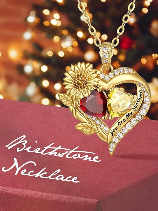 Sunflower Heart Necklace for Women 14K Gold Exquisite Valentines Day Anniversary Birthday Gifts for Wife Mother Her Double Birthstone Pendant Jewelry‘You Are My Sunshine’