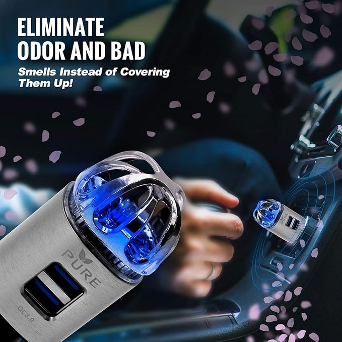 Car Air Purifier 3in1 Premium Stainless Steel Air Filter Ionizer w/Dual USB Quick Charge 3.0 USB-Eliminate Allergens Odor Smell, Smoke, Pets, Pollen Mold Bacteria w/Anti-Microbial Deodorizer (Silver)